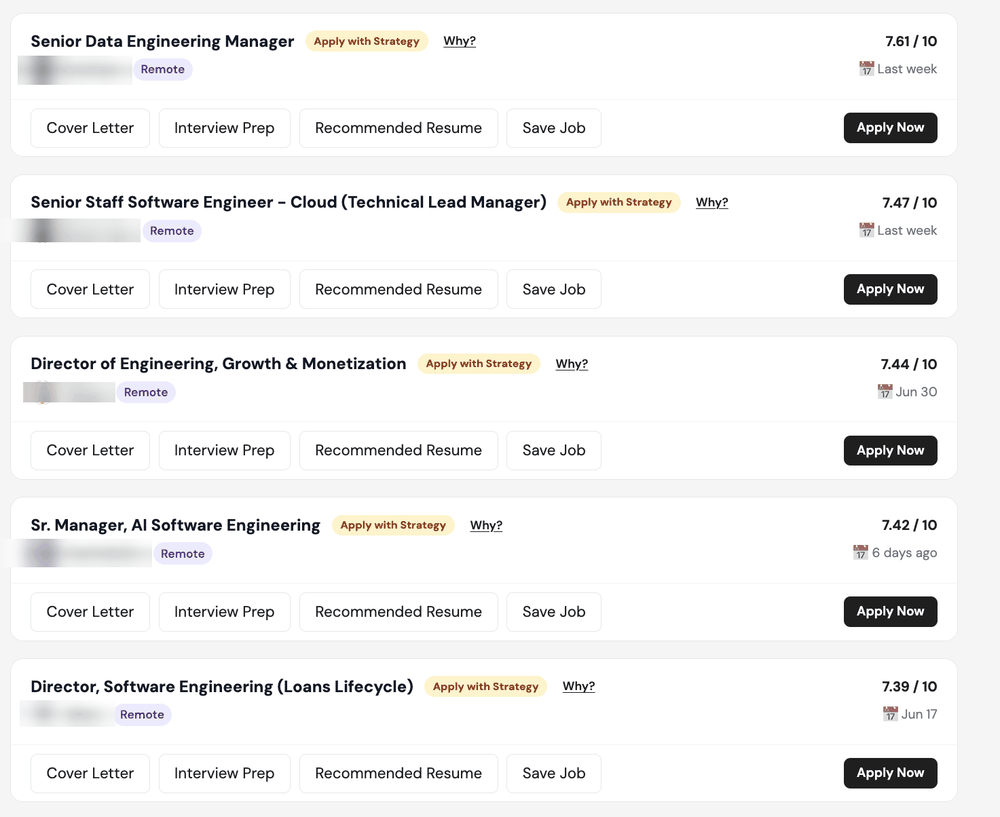 MyCareerLevel job results: each role scored out of 10 against your resume, tagged Apply with Strategy, with Cover Letter, Interview Prep and Recommended Resume actions.
